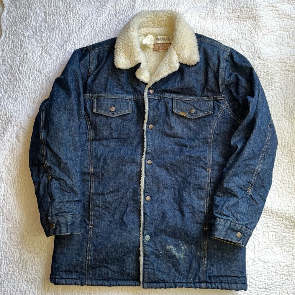 Vintage 1970s Sears Roebucks Western Wear Sherpa Lined Denim Jean Jacket Coat